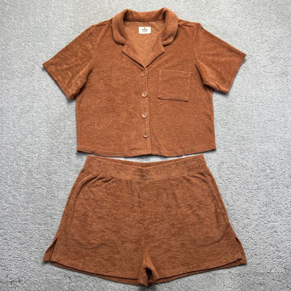 Marine Layer Top and Shorts Womens M/L Orange Terry Cloth Short Sleeve Button Up